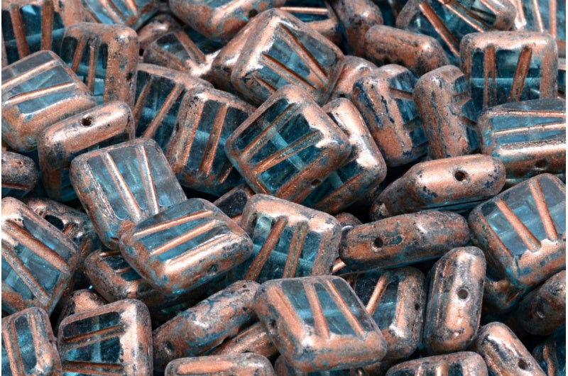 OUTLET 10 grams Table Cut Square Designed Beads, 10 x 10 mm, Transparent Aqua Copper Splash (60010-86750), Glass, Japan