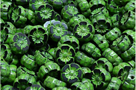 Table Cut Hawaii Flower Beads, Black Travertin Green Spotted (23980-86800-33311), Glass, Czech Republic
