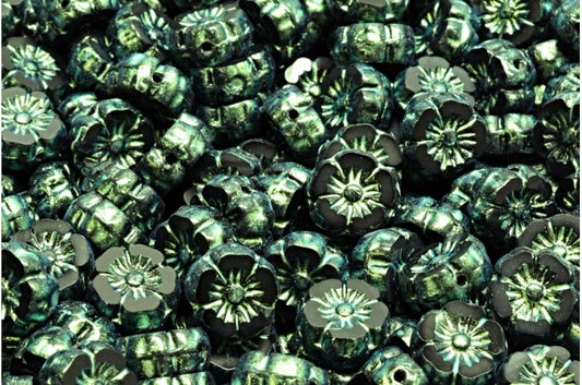 Table Cut Hawaii Flower Beads, Black Green Iridiscent (23980-86922), Glass, Czech Republic