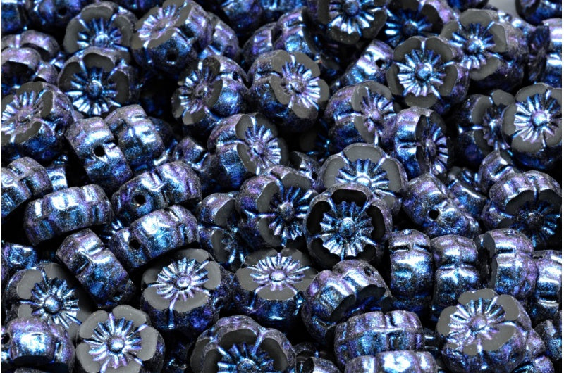 Table Cut Hawaii Flower Beads, Black Blue Iridiscent (23980-86966), Glass, Czech Republic
