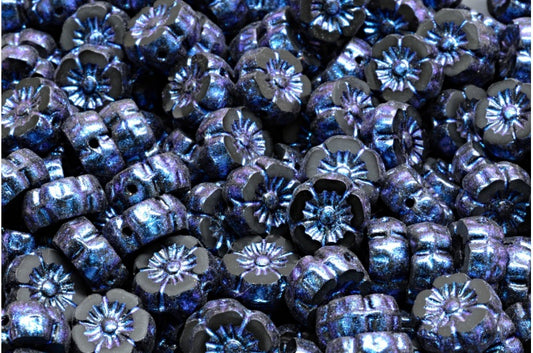 Table Cut Hawaii Flower Beads, Black Blue Iridiscent (23980-86966), Glass, Czech Republic