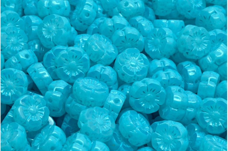 Table Cut Hawaii Flower Beads, Opal White Turqouise Spotted (01000-33309), Glass, Czech Republic