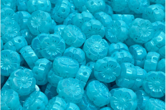 Table Cut Hawaii Flower Beads, Opal White Turqouise Spotted (01000-33309), Glass, Czech Republic