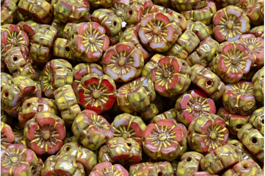 Table Cut Hawaii Flower Beads, R2393 Travertin Beige Yellow Spotted (R2393-86800-33303), Glass, Czech Republic