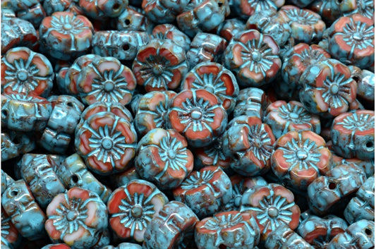 Table Cut Hawaii Flower Beads, R2393 Travertin Turqouise Spotted (R2393-86800-33309), Glass, Czech Republic