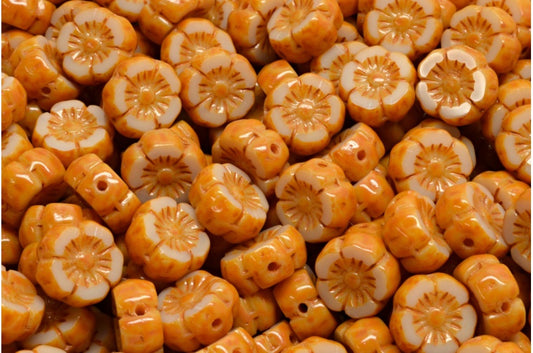 Table Cut Hawaii Flower Beads, Beige Orange Spotted (13020-33302), Glass, Czech Republic