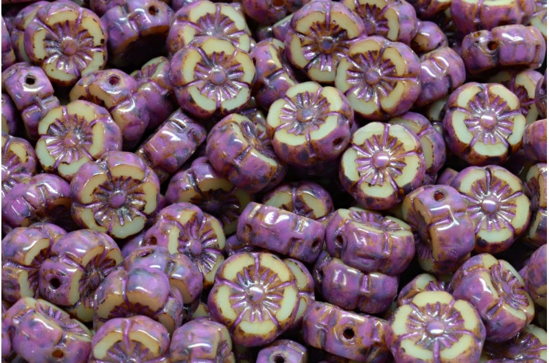 Table Cut Hawaii Flower Beads, 13060 Travertin Pink Spotted (13060-86800-33306), Glass, Czech Republic