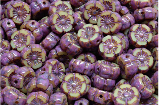 Table Cut Hawaii Flower Beads, 13060 Travertin Pink Spotted (13060-86800-33306), Glass, Czech Republic