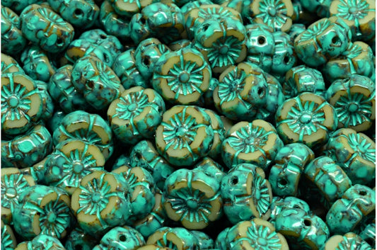 Table Cut Hawaii Flower Beads, 13060 Travertin Turqouise Spotted (13060-86800-33310), Glass, Czech Republic