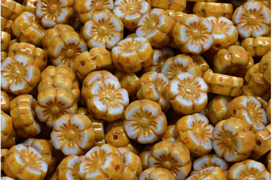 Table Cut Hawaii Flower Beads, 34000 Travertin Orange Spotted (34000-86800-33302), Glass, Czech Republic