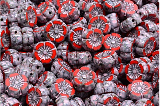 Table Cut Hawaii Flower Beads, Opaque Red Travertin Warm Purple Spotted (93200-86800-33304), Glass, Czech Republic