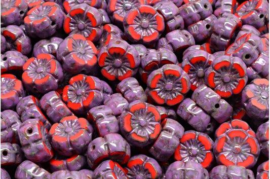 Table Cut Hawaii Flower Beads, Opaque Red Travertin Pink Spotted (93200-86800-33306), Glass, Czech Republic