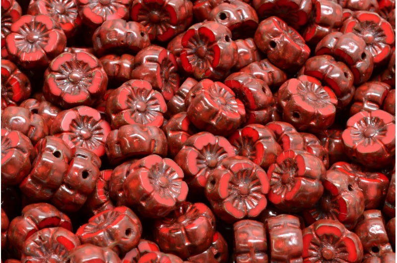 テーブルカットハワイフラワービーズ、不透明レッドトラバーチンベージュオレンジスポット（93200-86800-33307）、ガラス、チェコ共和国