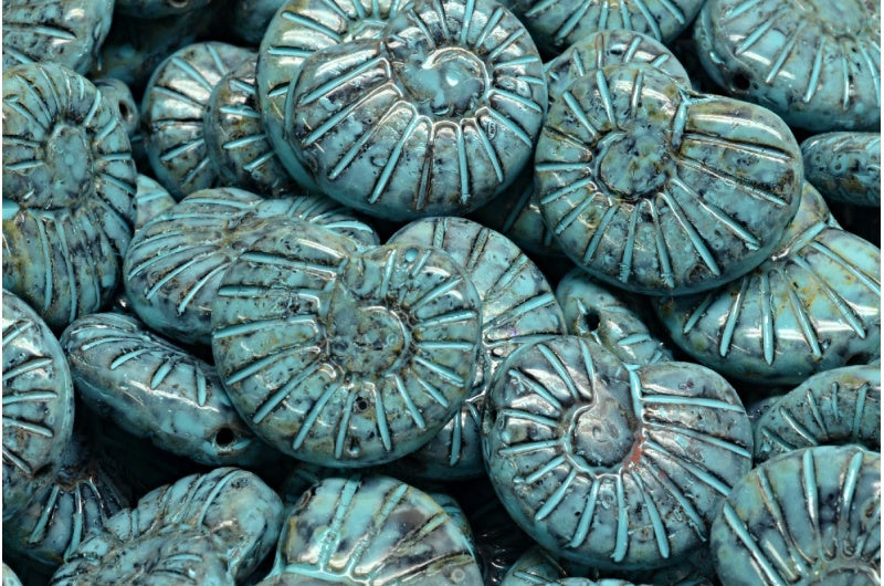 シェルビーズ、ブラックトラバーチンターコイズスポット（23980-86800-33309）、ガラス、チェコ共和国