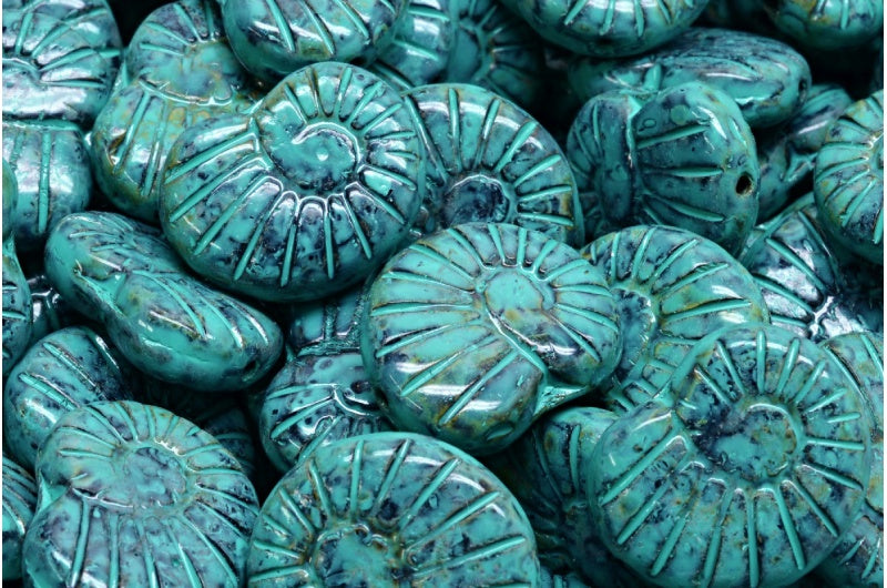 シェルビーズ、ブラックトラバーチンターコイズスポット（23980-86800-33310）、ガラス、チェコ共和国