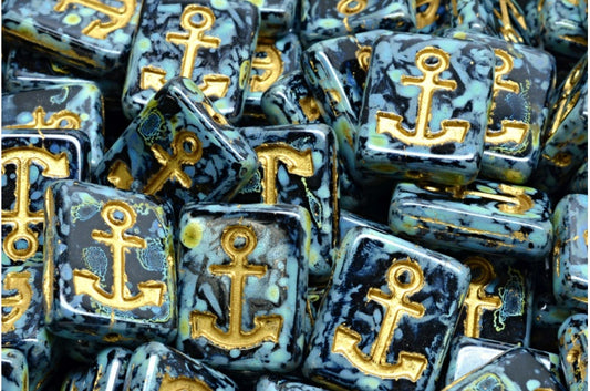 アウトレット 10グラム アンカーデザイン 長方形ビーズ、ブラックトラバーチン ゴールドライニング (23980-86800-54302)、ガラス、チェコ共和国