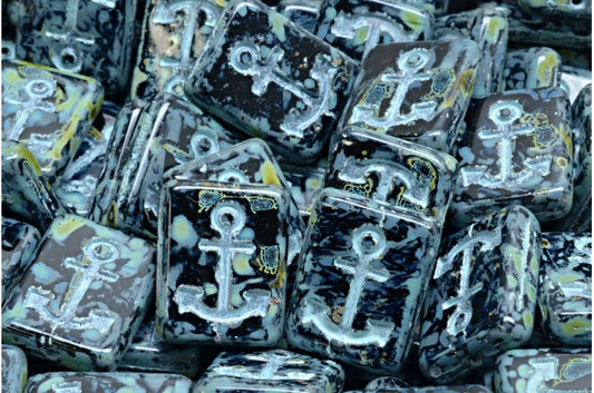 OUTLET 10 grams Anchor Design Rectangle Beads, 18 x 12 mm, Black Travertin Light Blue Lined (23980-86800-54308), Glass, Czech Republic