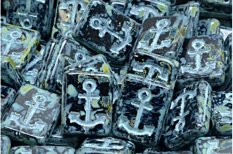 OUTLET 10 grams Anchor Design Rectangle Beads, 18 x 12 mm, Black Travertin Light Blue Lined (23980-86800-54308), Glass, Czech Republic