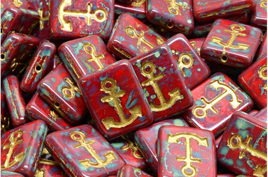 OUTLET 10 克锚设计长方形珠子，18 x 12 毫米，不透明红色石灰华镀金内衬 (93200-86800-54302)，玻璃，捷克共和国