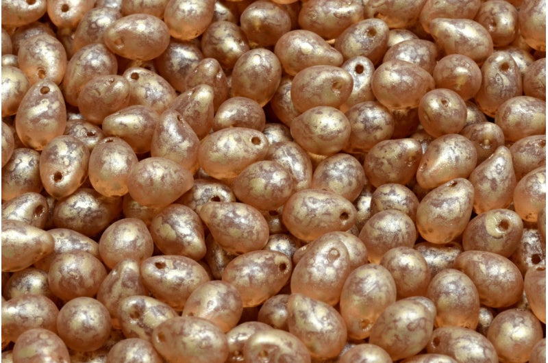 Teardrop Beads, Transparent Pink Matte Gold Splash (70120-84100-86710), Glass, Czech Republic