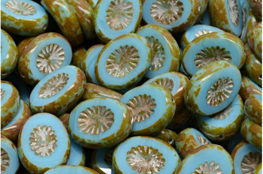 Table Cut Kiwi Beads, Opal Aqua Travertin Gold Lined (61400-86800-54302), Glass, Czech Republic