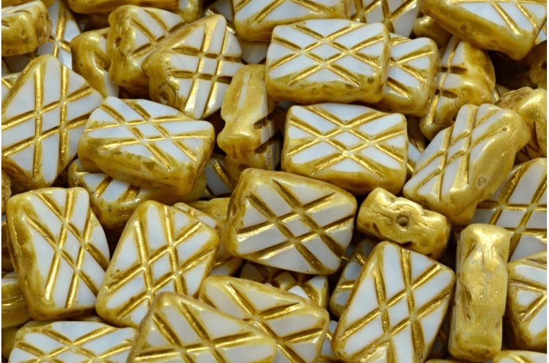 Table Cut Designed Rectangle Beads, Chalk White Gold Splash (03000-86720), Glass, Czech Republic