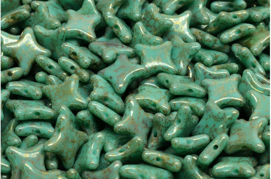 2穴フラットスタービーズ、ターコイズテラコッタレッド（63130-15495）、ガラス、チェコ共和国