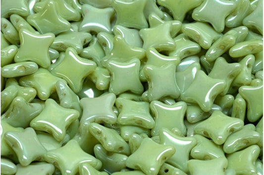 2穴フラットスタービーズ、ホワイトラスターグリーンフルコーティング（02010-14457）、ガラス、チェコ共和国