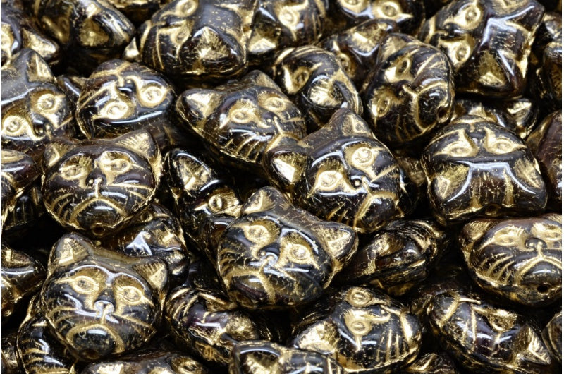Cat Muzzle Beads, Striped Dark Brown Gold Lined (26117-54302), Glass, Czech Republic