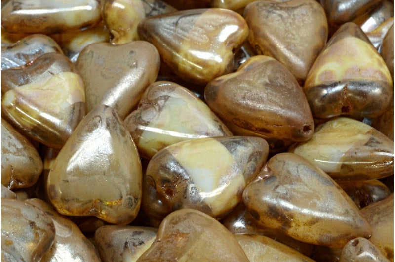 細長いハートビーズ、ホワイトピカソ（R0201-43400）、ガラス、チェコ共和国