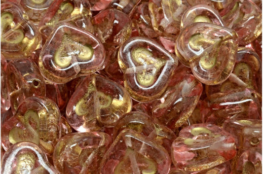 Heart With Heart Beads, Crystal Gold Lined Light Pink (00030-54302-34304), Glass, Czech Republic