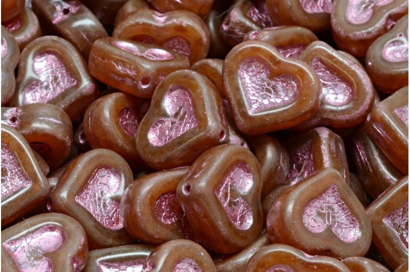 ハートとハートのビーズ、オパールピンクトラバーチンピンクライン（71111-86800-54321）、ガラス、チェコ共和国