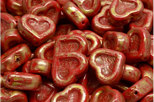Heart With Heart Beads, Opaque Red Gold Splash (93200-86720), Glass, Czech Republic