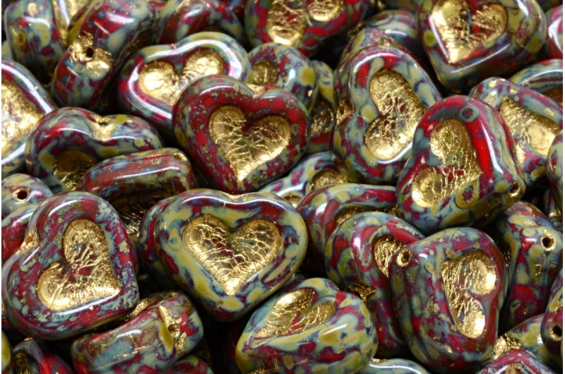 Heart With Heart Beads, Opaque Red Travertin Gold Lined (93200-86800-54302), Glass, Czech Republic