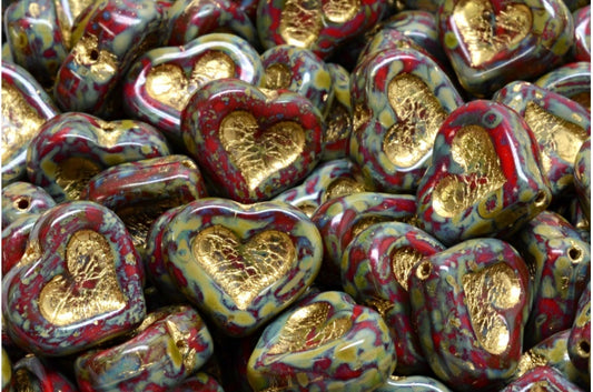 Heart With Heart Beads, Opaque Red Travertin Gold Lined (93200-86800-54302), Glass, Czech Republic