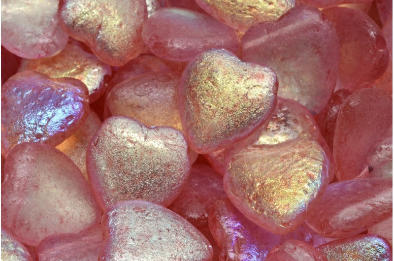 Heart Bead With Side Hole, Crystal Etched Ab Light Pink (00030-etch-28701-34304), Glass, Czech Republic