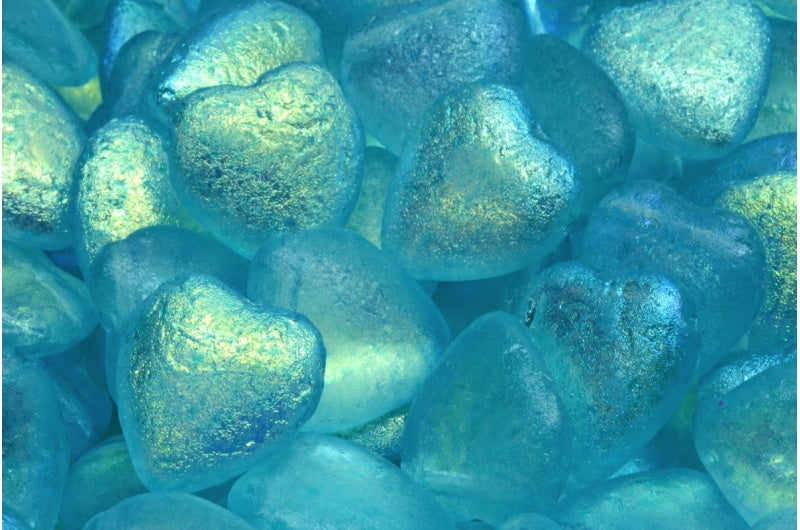 Heart Bead With Side Hole, Crystal Etched Ab Light Aqua Blue (00030-etch-28701-34308), Glass, Czech Republic