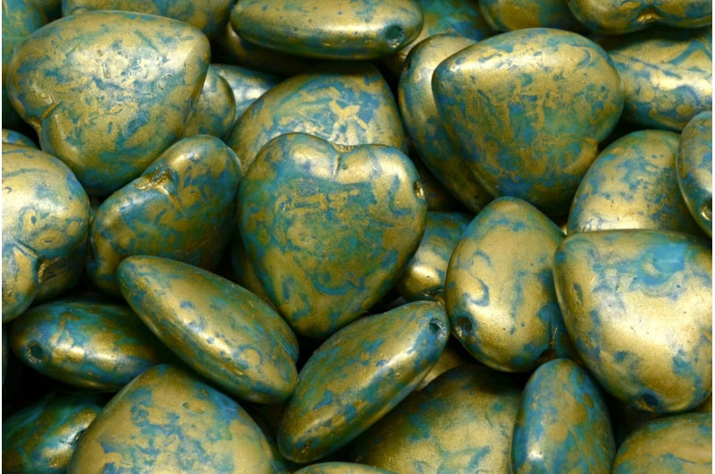 Heart Bead With Side Hole, White 84308 Gold Splash (02010-84308-86720), Glass, Czech Republic