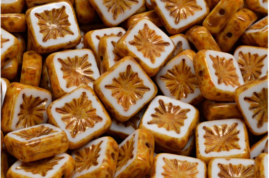 Table Cut Square Kiwi Beads, White Travertin Orange Spotted (02010-86800-33302), Glass, Czech Republic