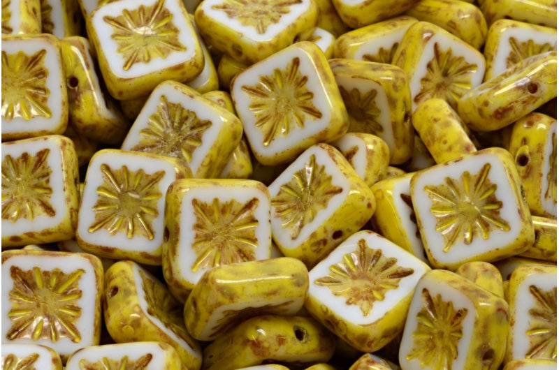 Table Cut Square Kiwi Beads, White Travertin Beige Yellow Spotted (02010-86800-33303), Glass, Czech Republic