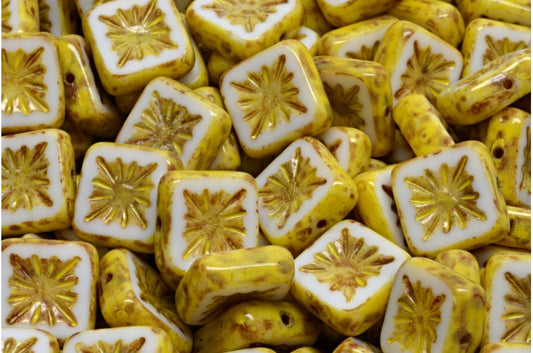 Table Cut Square Kiwi Beads, White Travertin Beige Yellow Spotted (02010-86800-33303), Glass, Czech Republic