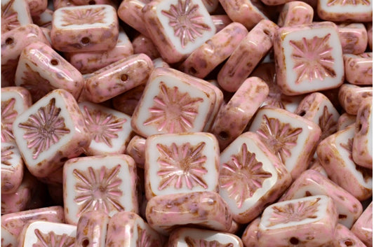 Table Cut Square Kiwi Beads, White Travertin Warm Purple Spotted (02010-86800-33304), Glass, Czech Republic