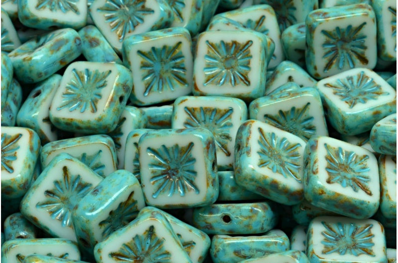 Table Cut Square Kiwi Beads, White Travertin Turqouise Spotted (02010-86800-33309), Glass, Czech Republic