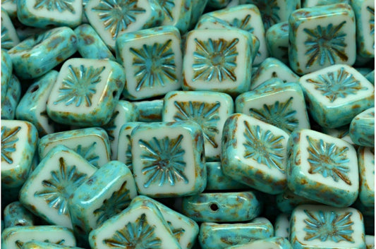 Table Cut Square Kiwi Beads, White Travertin Turqouise Spotted (02010-86800-33309), Glass, Czech Republic
