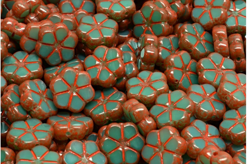 OUTLET 10克桌面切割花环珠，10 x 10毫米，蛋白石绿米色橙色斑点（52020-33307），玻璃，捷克共和国