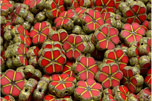 Table Cut Garland Flower Beads, Opaque Red Travertin Beige Yellow Spotted (93200-86800-33303), Glass, Czech Republic
