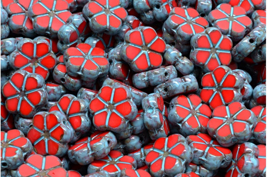 Table Cut Garland Flower Beads, Opaque Red Travertin Turqouise Spotted (93200-86800-33309), Glass, Czech Republic