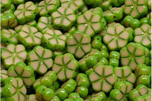 Table Cut Garland Flower Beads, Beige Green Spotted (13020-33311), Glass, Czech Republic