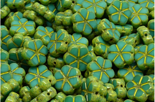 Table Cut Garland Flower Beads, Turquoise Travertin Beige Yellow Spotted (63130-86800-33303), Glass, Czech Republic