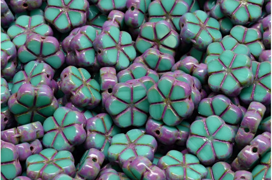 テーブルカットガーランドフラワービーズ、ターコイズトラバーチンピンクスポット（63130-86800-33306）、ガラス、チェコ共和国